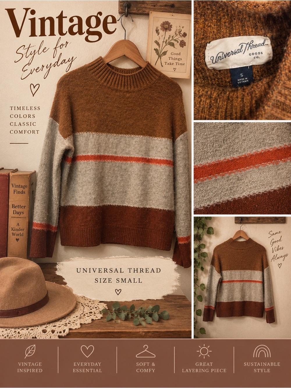 Universal Thread Colorblock Sweater Women’s S Brown Gray Retro Vintage Style